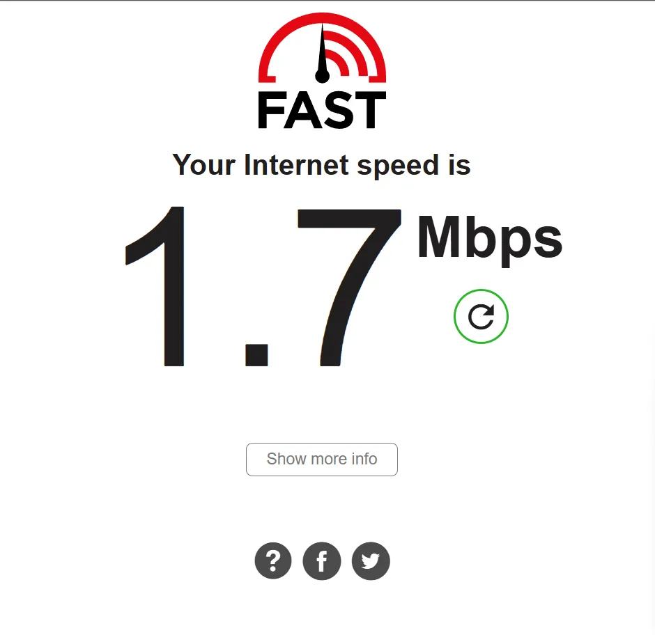 Internet speed test on fast.com showing download speed and ping